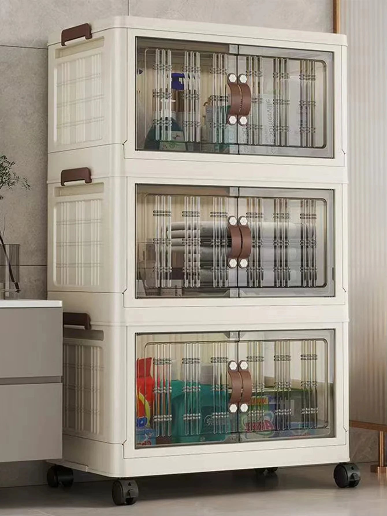 Stackable Plastic Storage Cabinet with Doors and Wheels for Bedroom