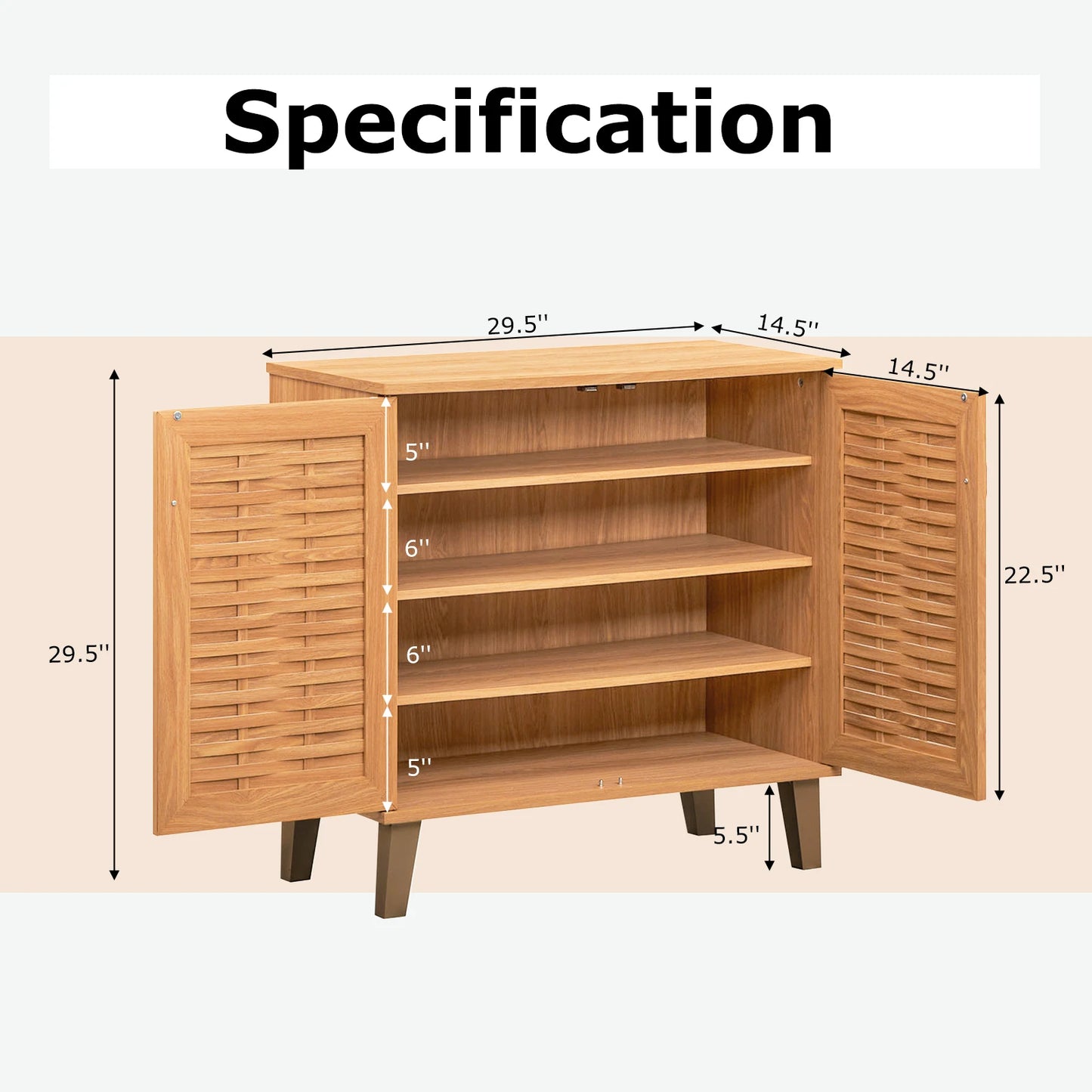 2-Door Shoe Cabinet w/ Ventilated Woven Doors & 3 Removable Shelves for Entryway