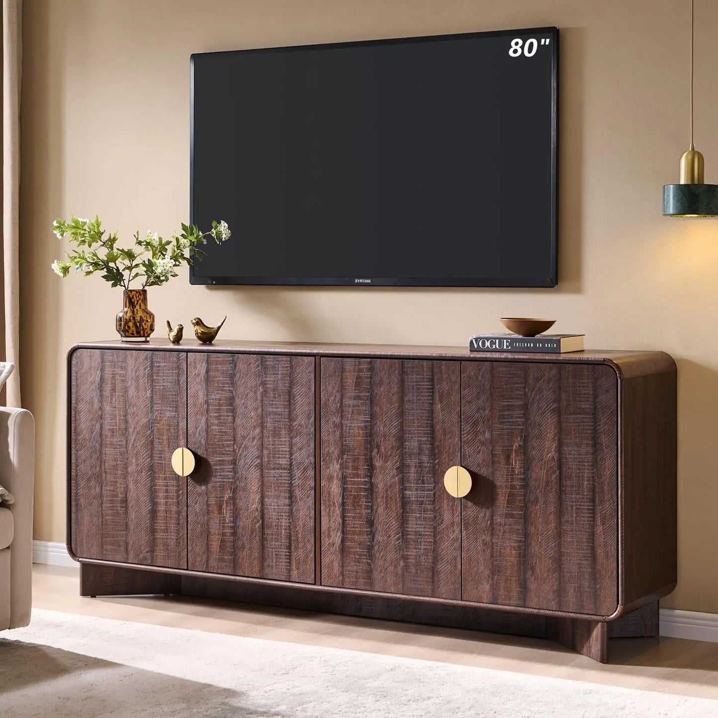 70" TV Stand Up to 80" TV, Storage & Adjustable Shelves Curved Console Living Room Brown, Custom
