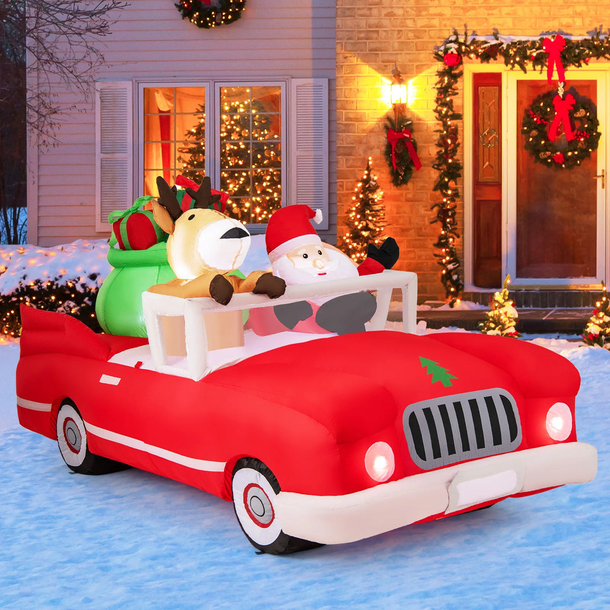 LIFEZEAL Lighted Christmas Inflatable Santa And Reindeer Driving Red Car