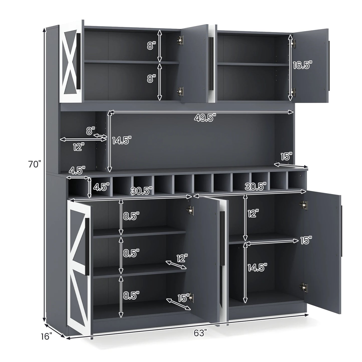 63” Wide Kitchen Buffet Hutch w/ 4 Cabinets, 2 Open Shelves & 12-Bottle Wine Rack