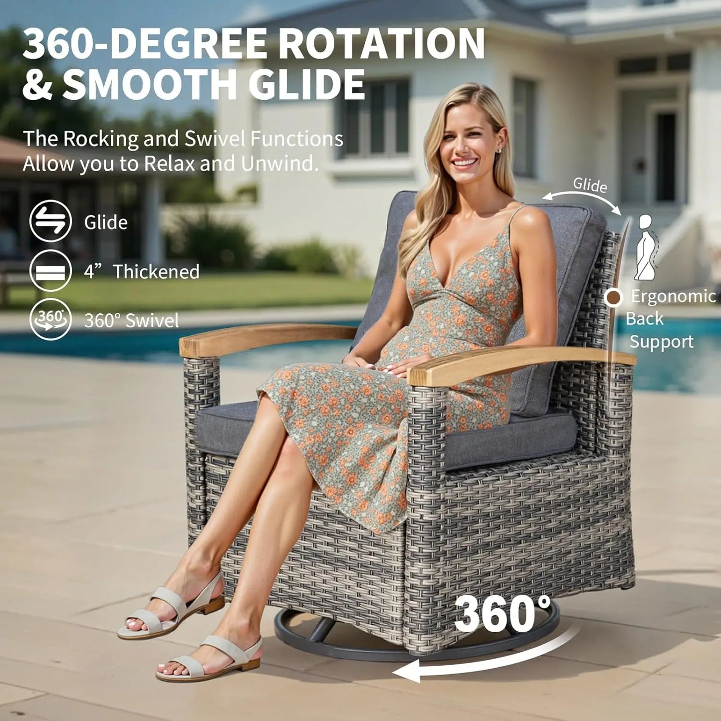 6 Pieces Patio Furniture Sets, Wicker Patio Conversation Sets with 4 Wood Armrests Swivel Glide Chairs，Outdoor, Custom