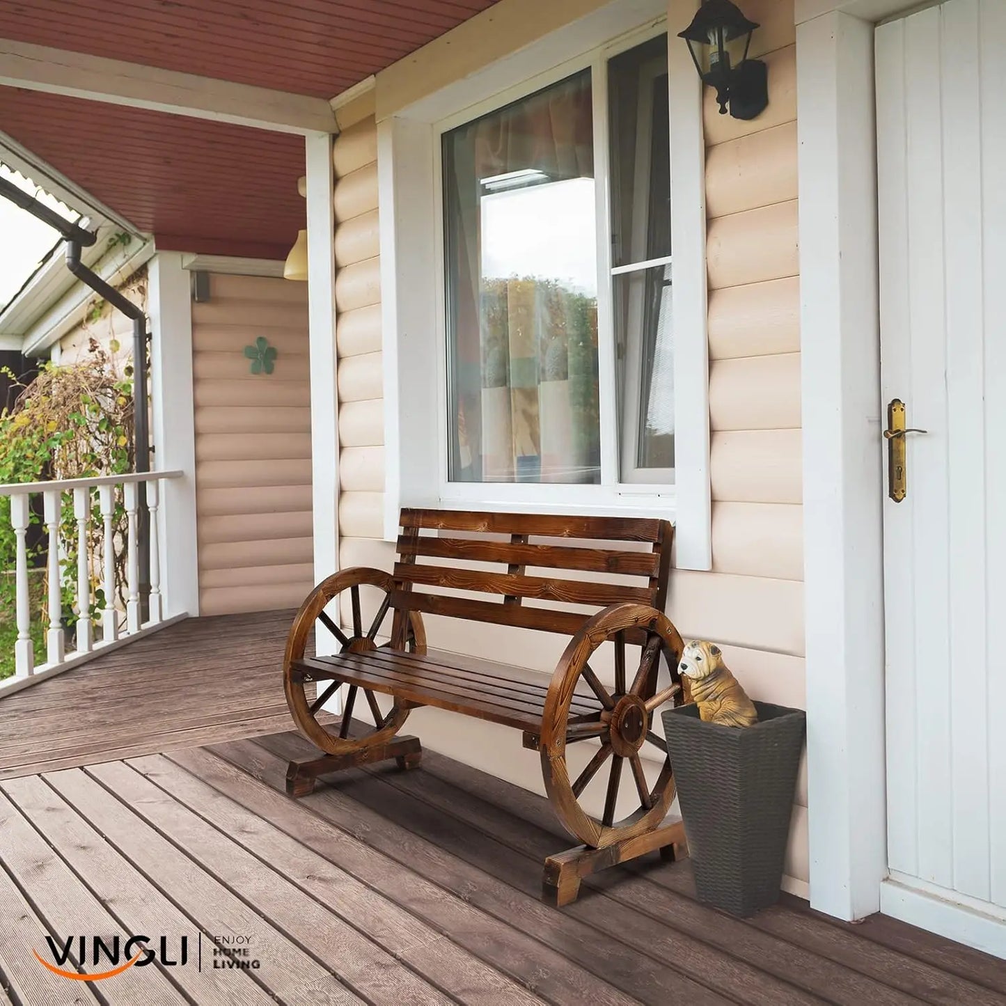Rustic Firwood Outdoor Bench 2 Person Wagon Wheel Slatted Seat