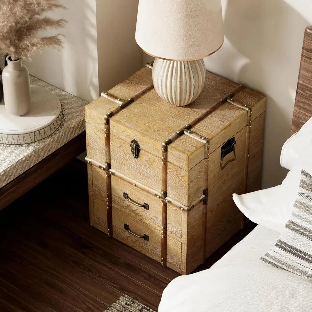 MOYU Vintage Storage Chest Buckle Hinged Top Wood End Table