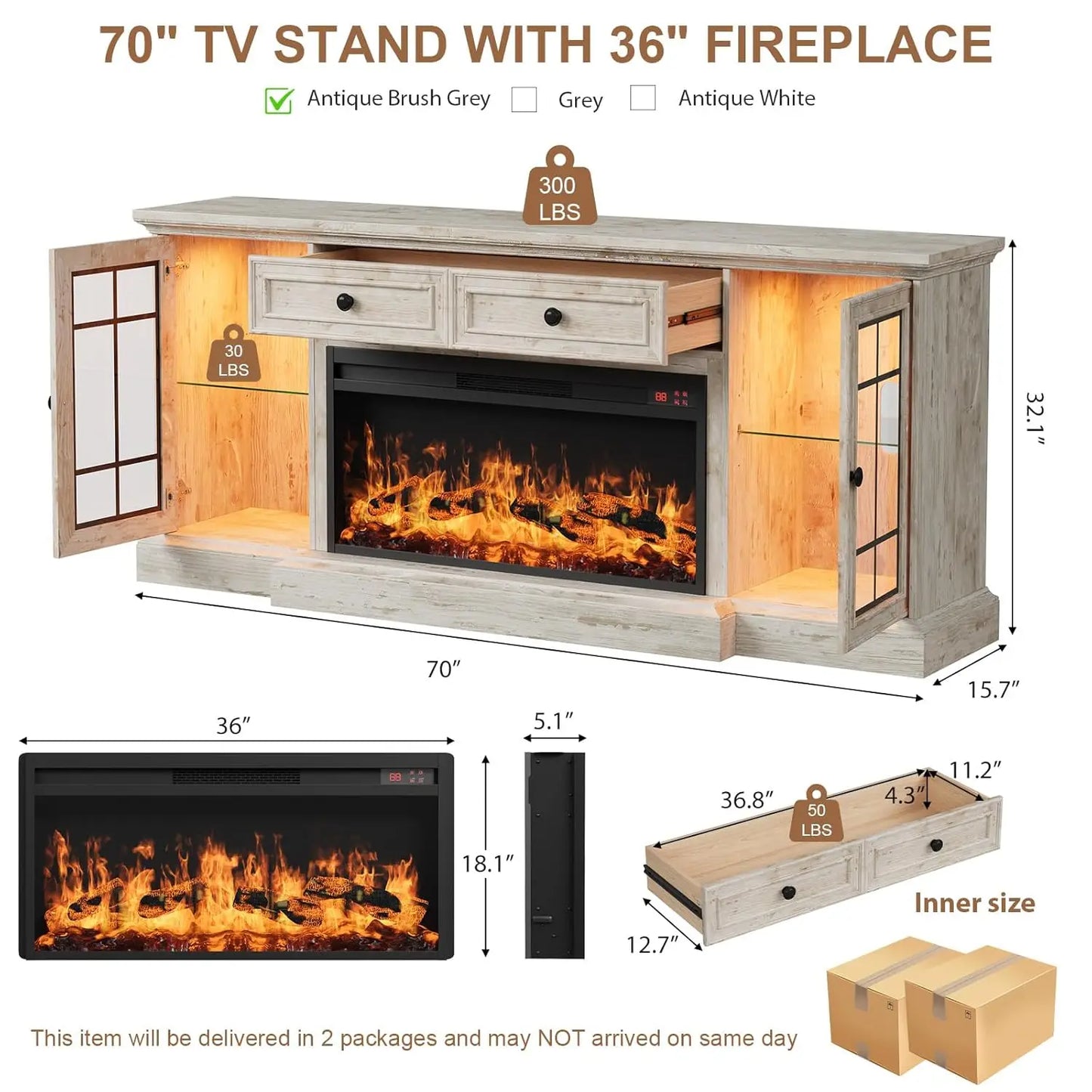 Fireplace TV Stand Modern Entertainment Center With LED Lights