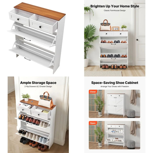 Shoe Cabinet With 2 Flip Drawers Rustic Farmhouse Style Storage Organizer