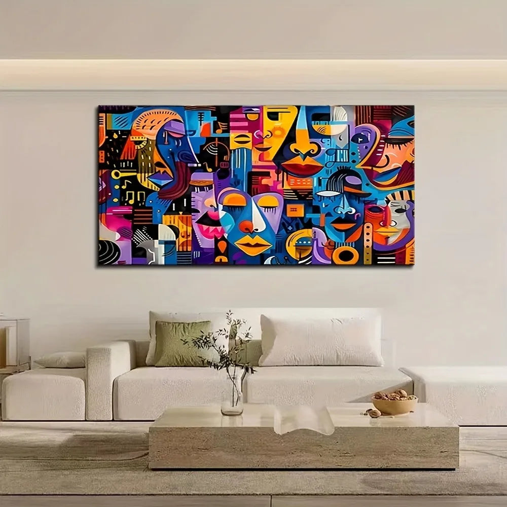 With stylized faces and geometric shapes, 1.5 inch thick pine frame, modern vintage art, suitable for interior decoration
