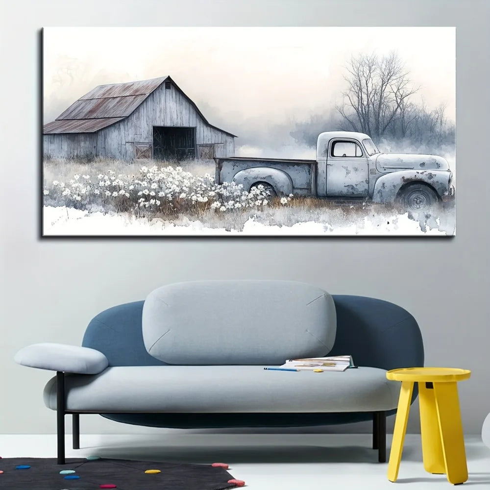 1.5 inch thick pine solid wood frame, canvas prints on antique country pickup trucks, blue trucks and white floral art prints