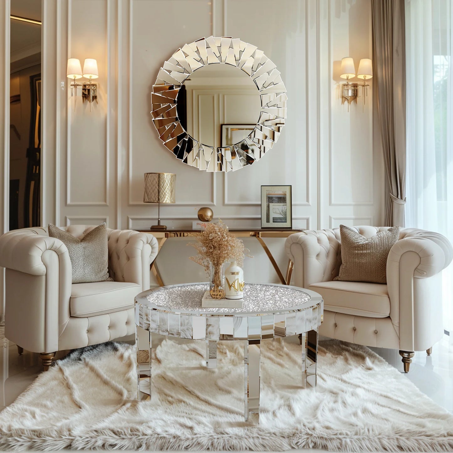 Modern Round Mirrored Coffee Table With Crystal Glass Inlay