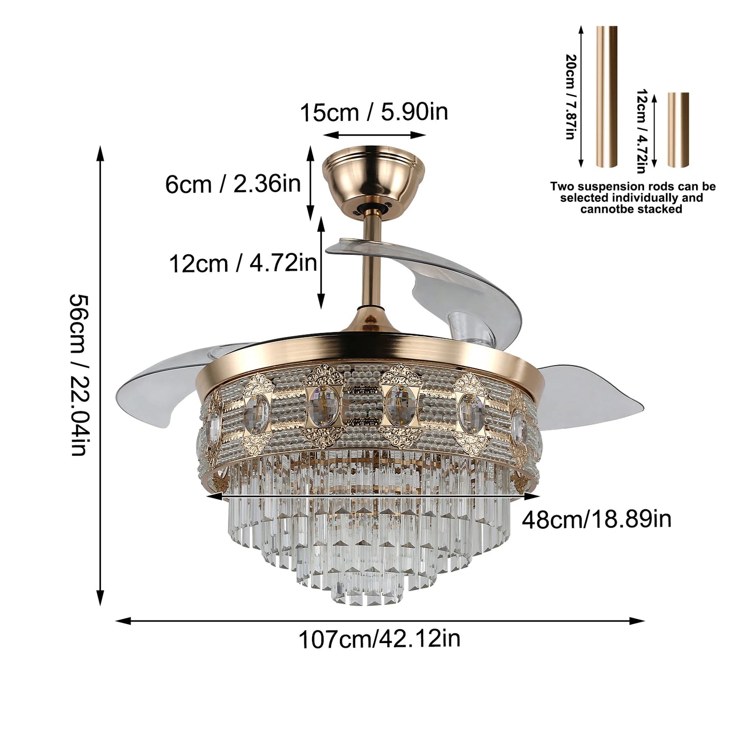 GreeLustr Modern Smart Ceiling Fan Chandelier Gold RC Adjustable 6 Speed Pendant Light Luminaire Bedroom 3 Heads Led Fandelier