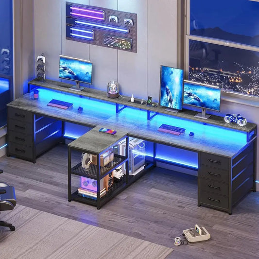 Two Person Gaming Desk with Drawers LED Lights Power Strip