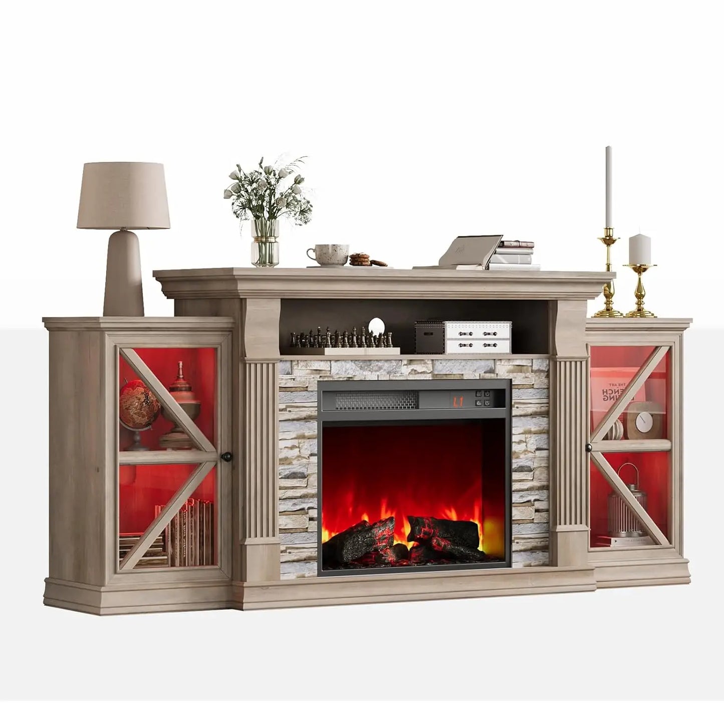 Electric Fireplace TV Stand Farmhouse Entertainment Center With Barn Doors