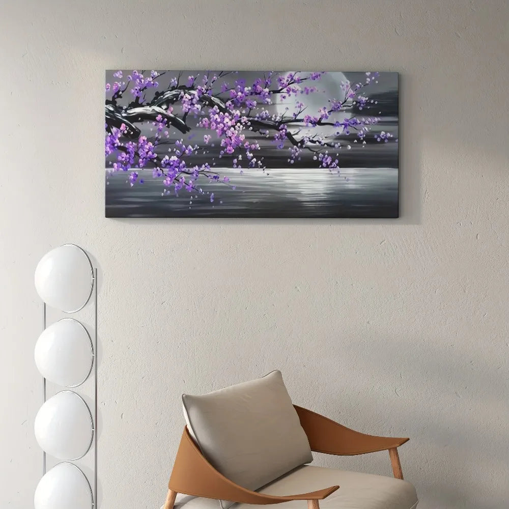 Modern abstract 1 1.5-inch thick pine wood frame large mural, purple flower and full moon design, interior decoration