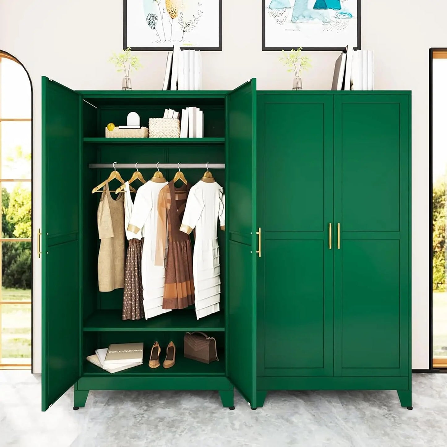 Metal Armoire Wardrobe Closet, 71 "Metal Clothing Storage Cabinet with Adjustable Shelves and Hanging Rod, Household, Custom