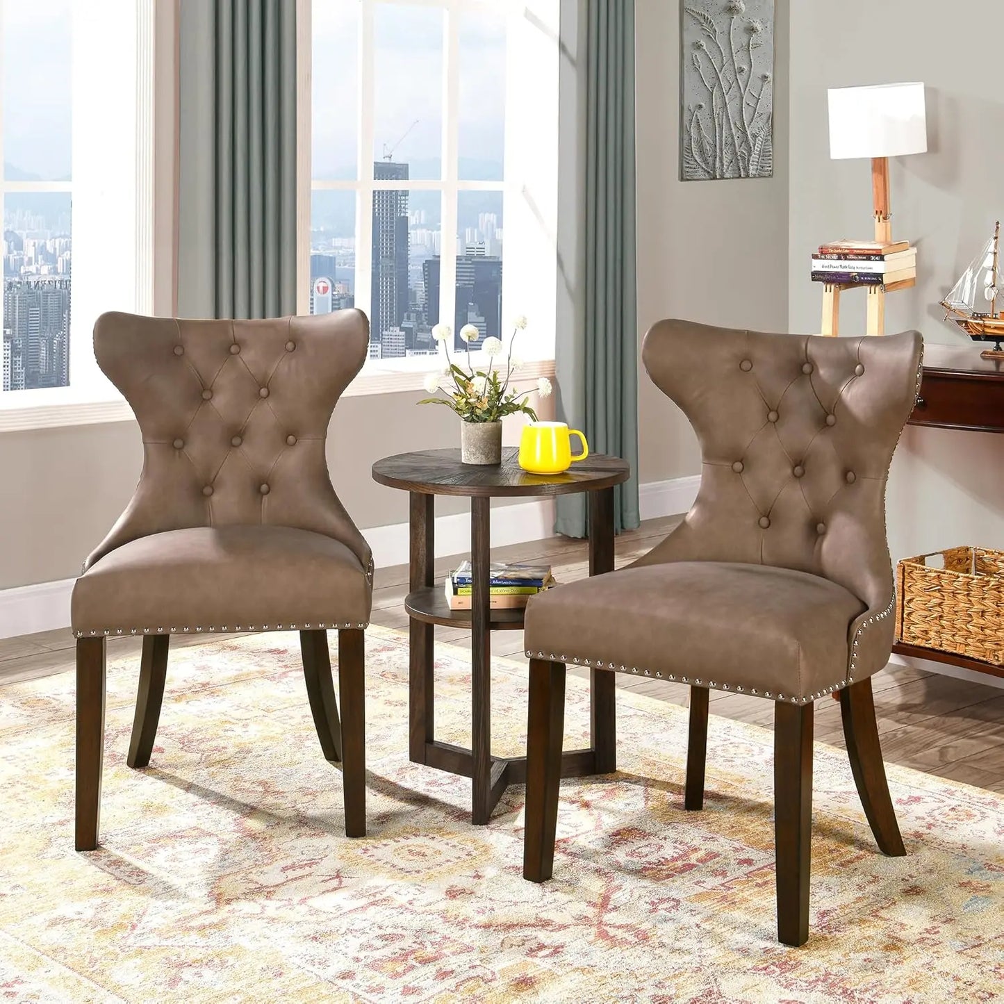 Upholstered Modern Dining Chairs Set Of 2 Button Tufted Leather