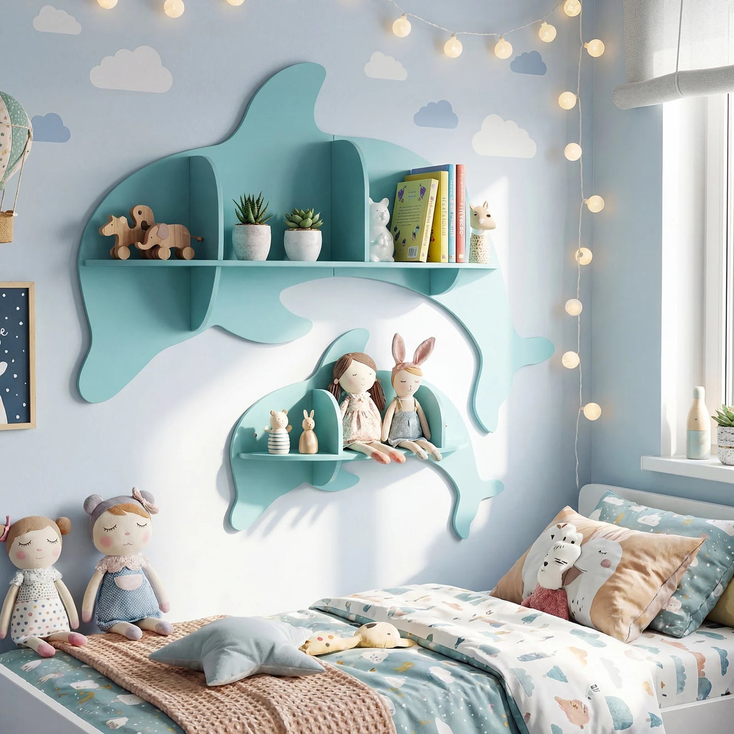 2PCS Floating Dolphin Shelves w/ Compartments Cute Corner Bookshelves for Nursery