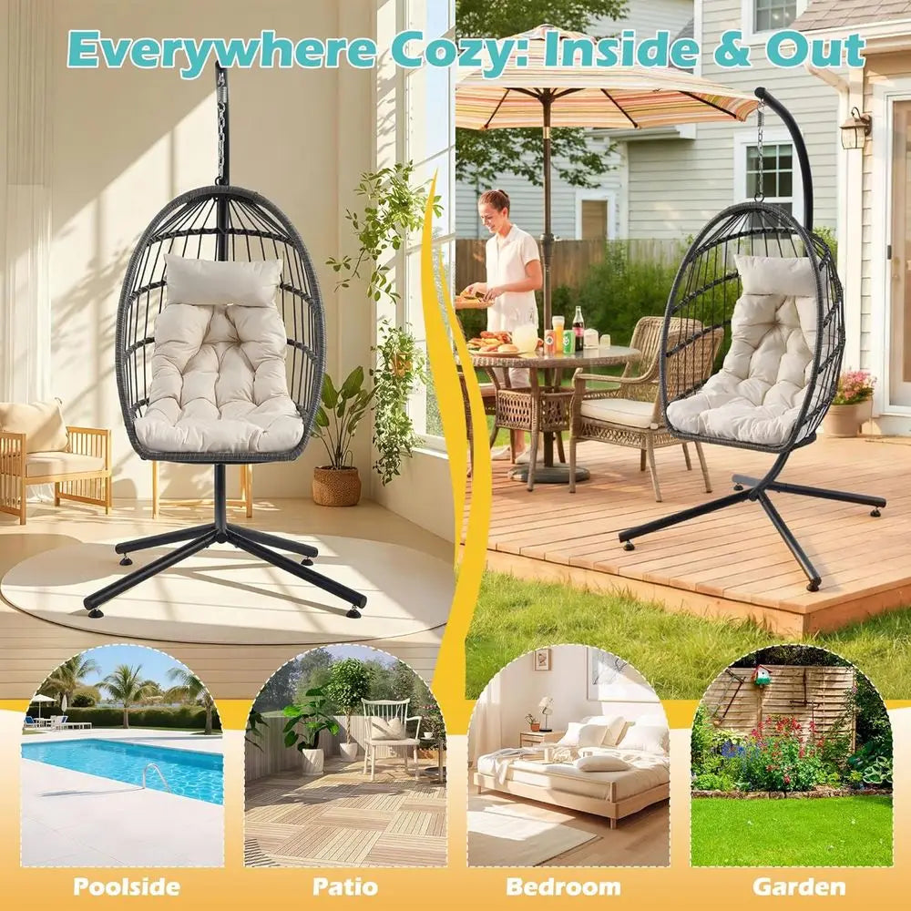 Outdoor Hanging Egg Chair with Stand & Oversized Cushion, 350LBS acity Heavy-Duty Patio Swing Hammock Chair, Thickened Metal e o