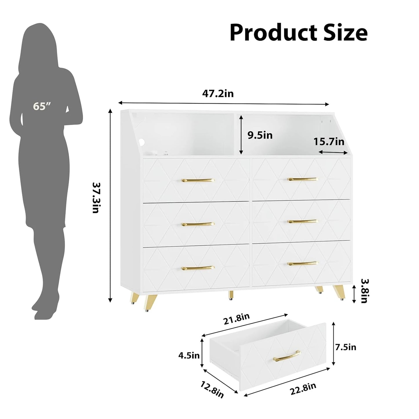 6 Drawers Dresser with LED Light and Power Outlet, Wood Dressers for Bedroom Chests of Drawers for Living Room Entryway Hallway