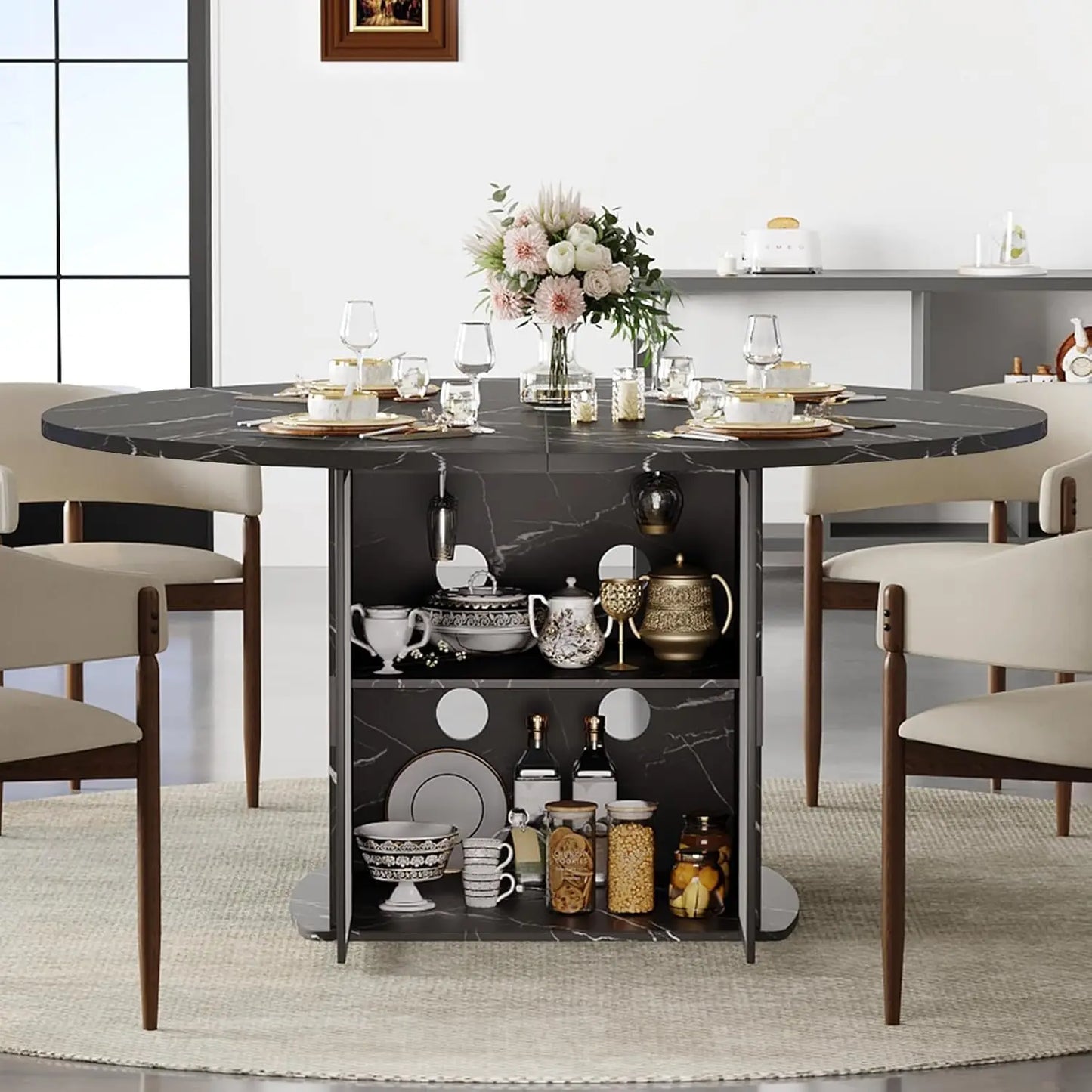 MOYU Round Dining Table With Storage Modern Wood Kitchen Table