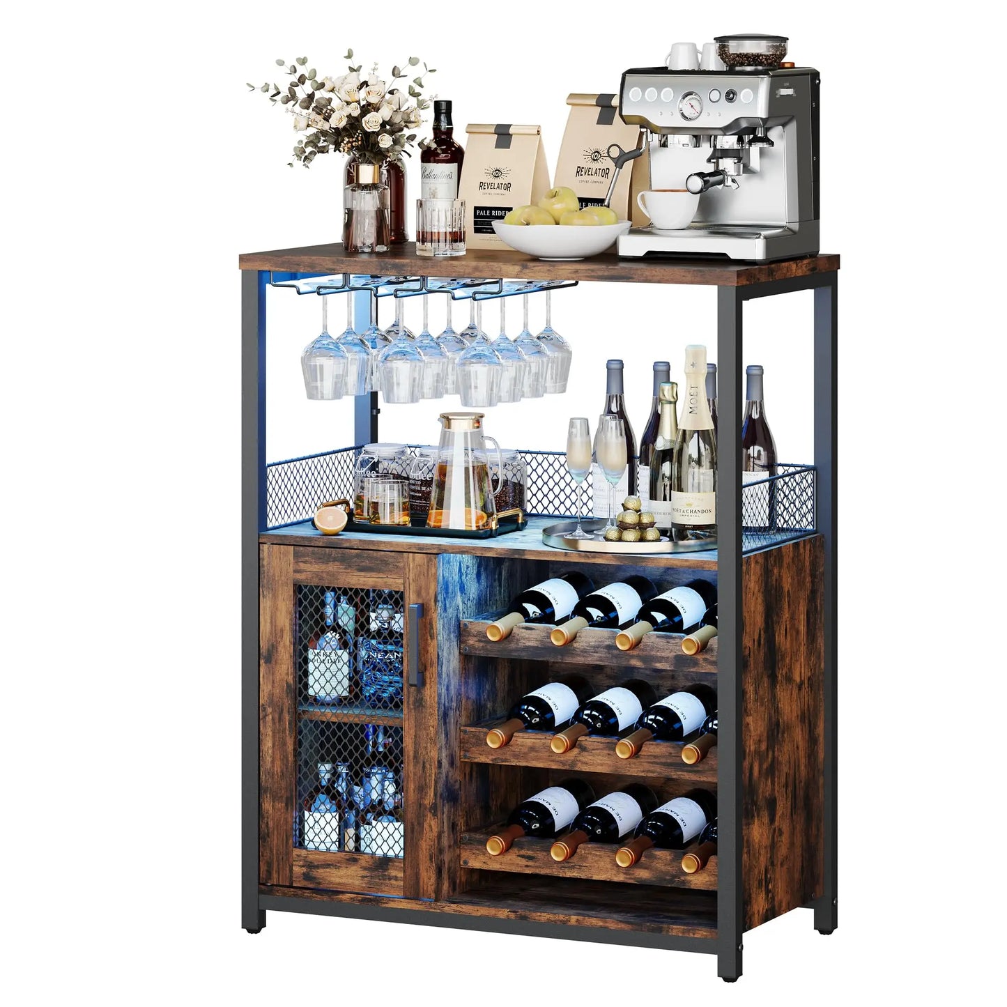 HiMISS Vintage 3 Tier Wine Bar Cabinet With Adjustable Shelves Glass Holders