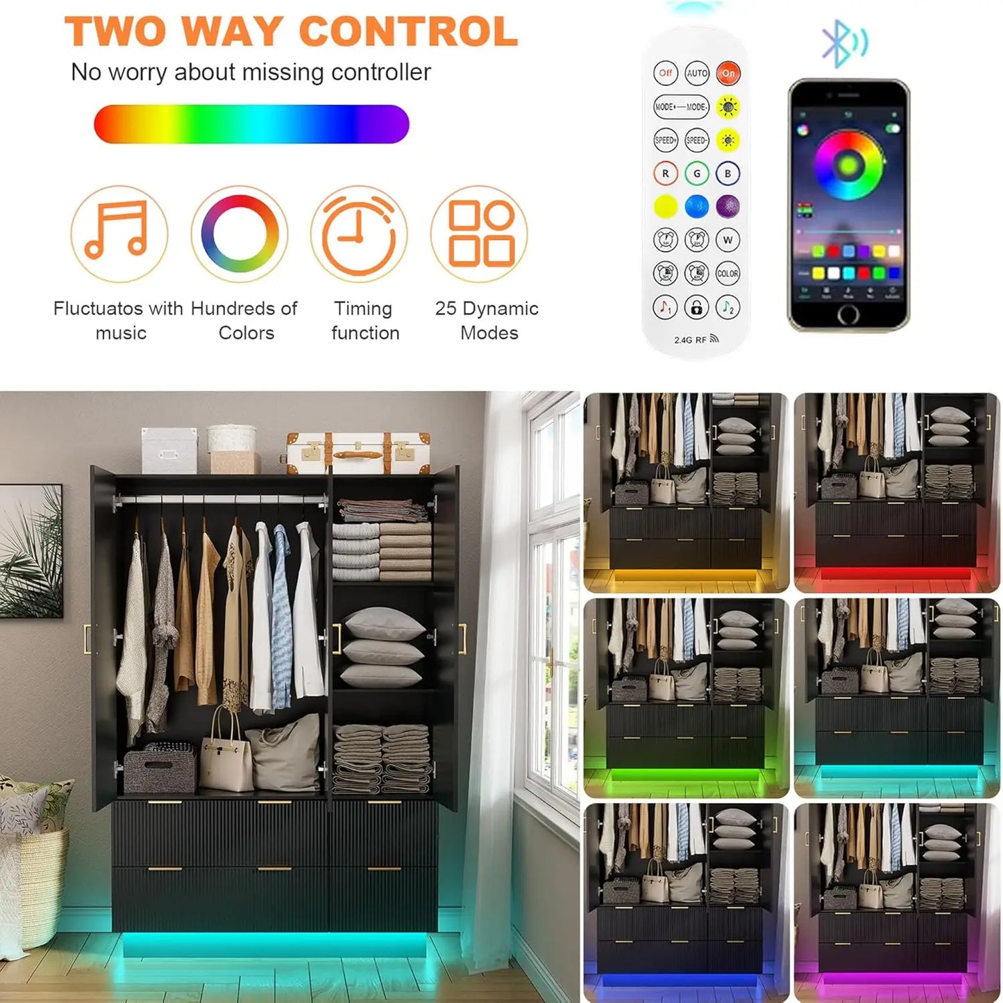 Minimalist Wardrobe Armoire With Mirror Hanging Rod Drawers