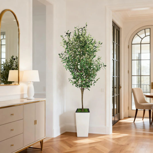 4FT/5FT/6FT Artificial Olive Tree with Realistic Leaves & Olives, Tall Fake Ficus Tree in White Tall Planter, Faux Plant