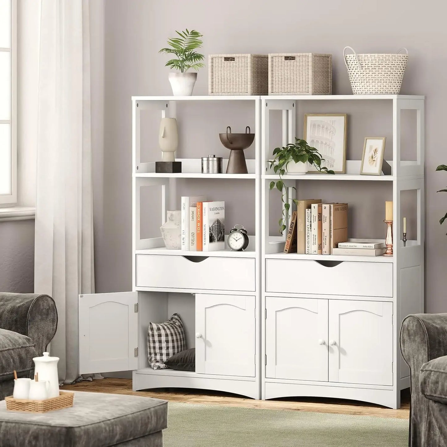 XMSJ Freestanding Kitchen Pantry Cabinet With Microwave Space And Drawer