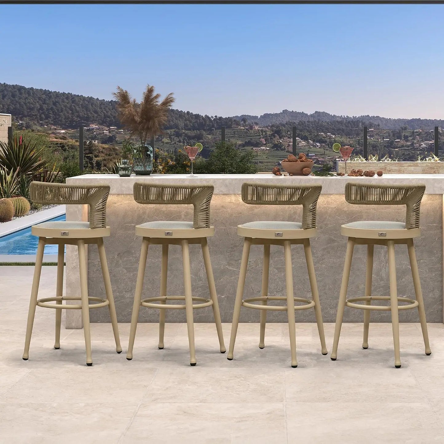 Swivel Bar Height Stools Set of 4 Metal Wicker Bar Chairs with Back Aluminum Cushions Kitchen Balcony Garden Indoor Custom