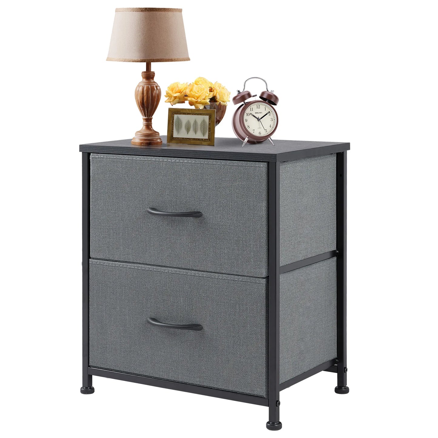 JHK Nightstand Bedside Table With Fabric Drawers And Cabinet