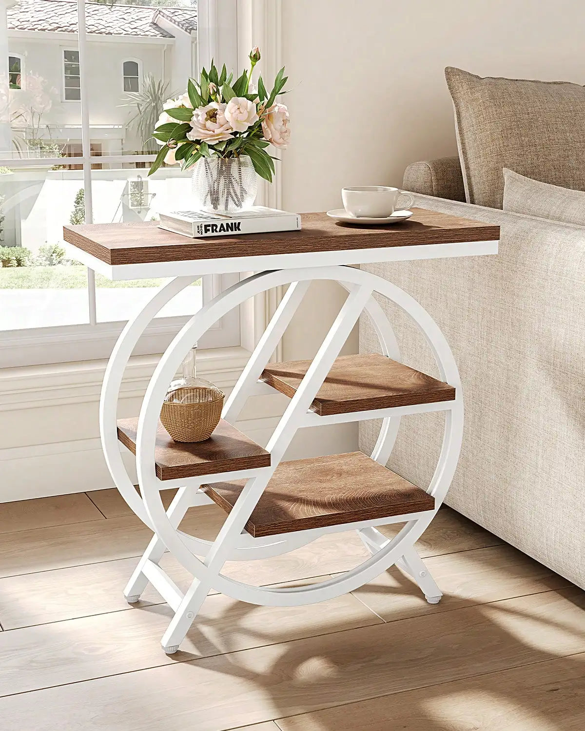 4-Tier End Table For Living Room, Narrow Side Table With Storage, Wood Sofa Side With Metal Frame, Industrial