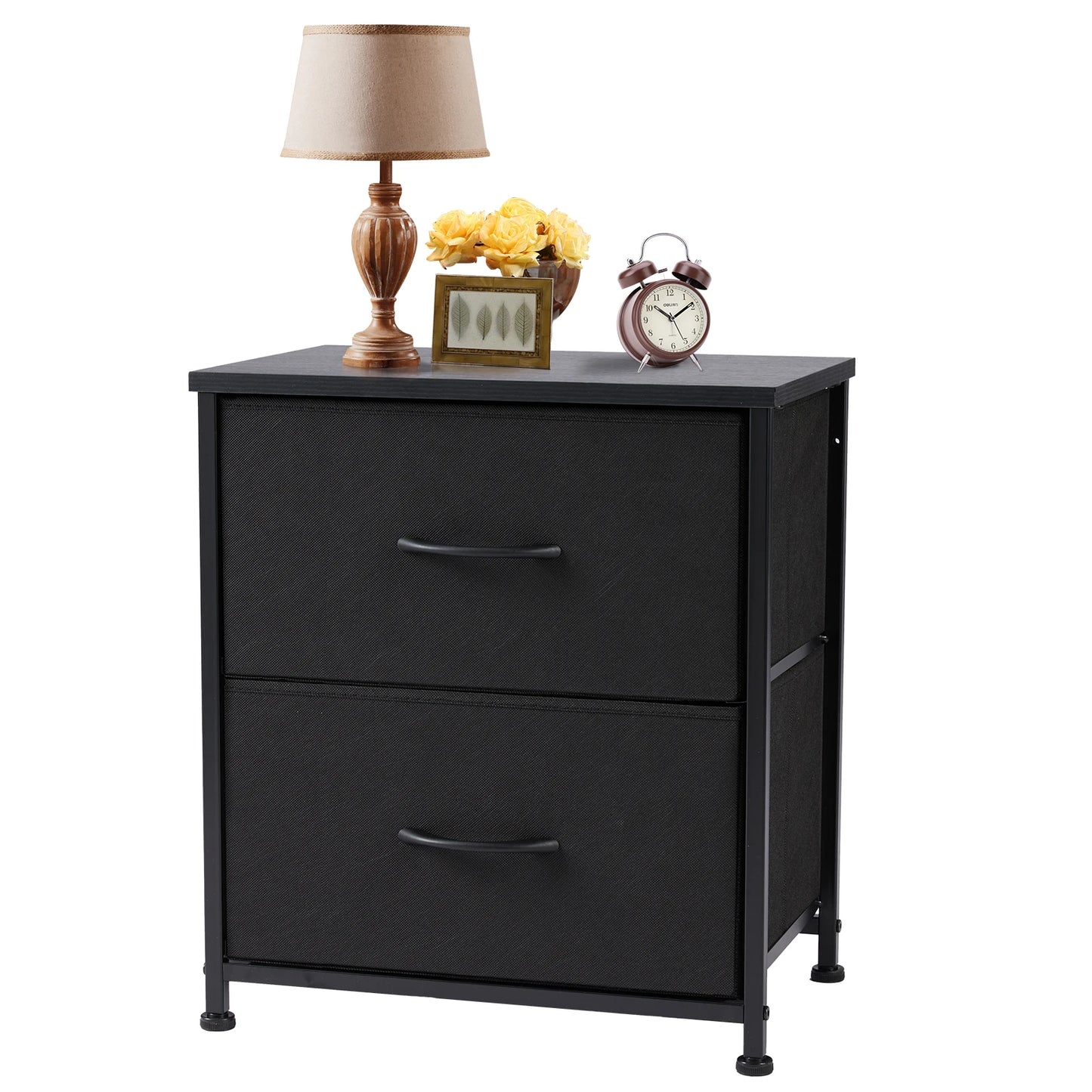 JHK Nightstand Bedside Table With Fabric Drawers And Cabinet