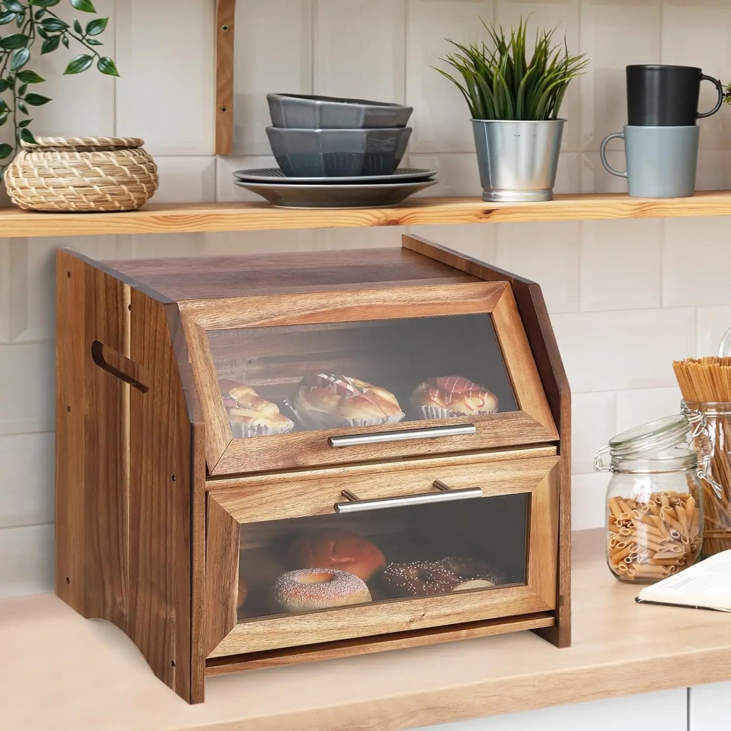 2 Layer Bread Box with Clear Windows, Wooden Bread Storage Container, Kitchen Countertop Bread Holder for Bread,Bagels and Rolls