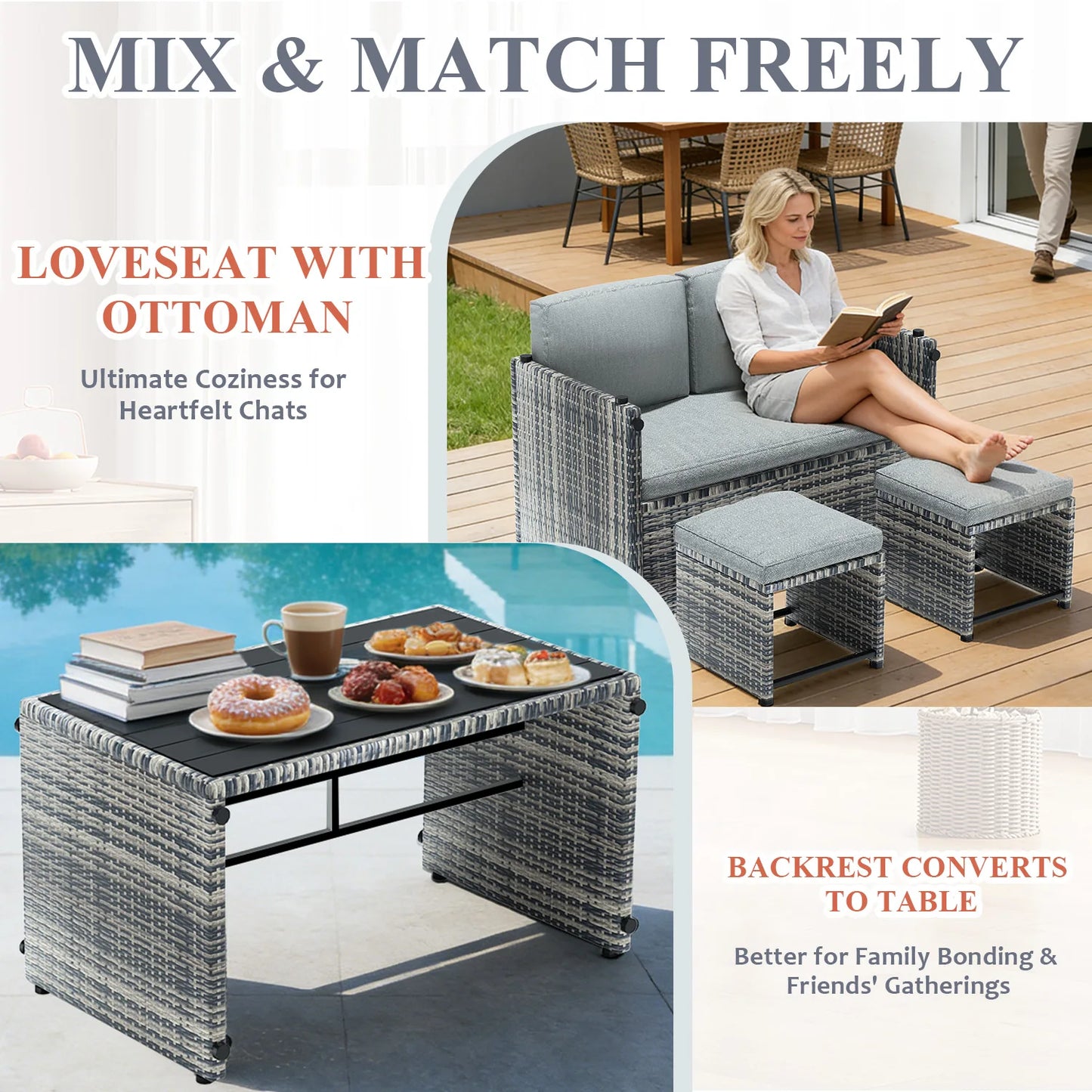 4/3 Pieces Convertible Multi-layout PE Rattan Loveseat Patio Furniture with 2 Storage Ottomans, All Weather Soft Cushioned Outdoor Furniture Sofa Set, Flexible Outdoor Patio Furniture Set for Patio Garden Balcony