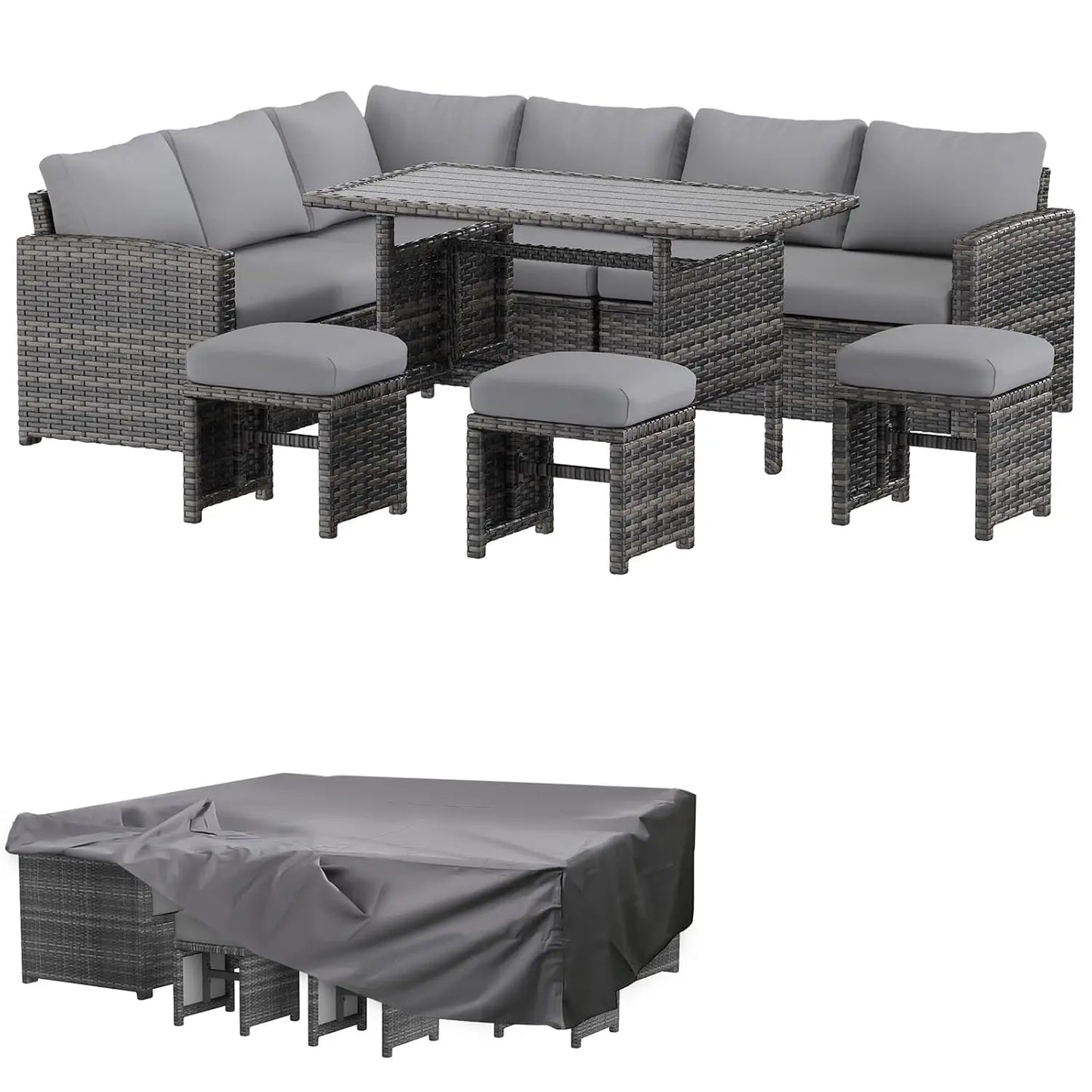 Outdoor Patio Furniture Set with Waterproof Cover, 7 Pieces Clearance Sectional Rattan Dining Table&Chairs, All Weather, Custom
