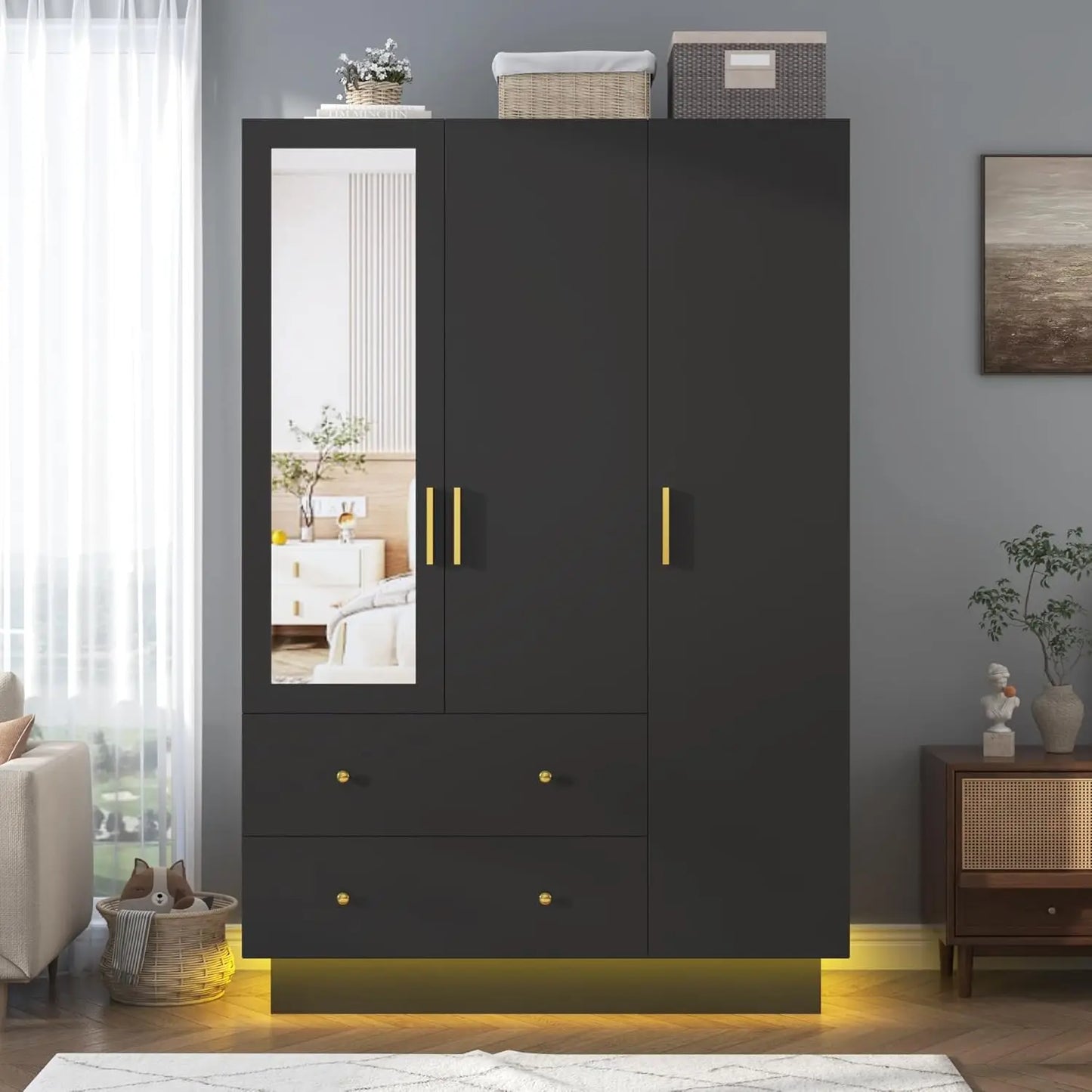 3 Doors Armoire Wardrobe Closet with Mirror, LED Armoire with Doors and Drawers, Wooden Wardrobe Storage Cabinet with, Custom