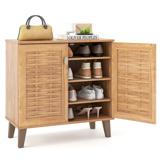 2-Door Shoe Cabinet w/ Ventilated Woven Doors & 3 Removable Shelves for Entryway