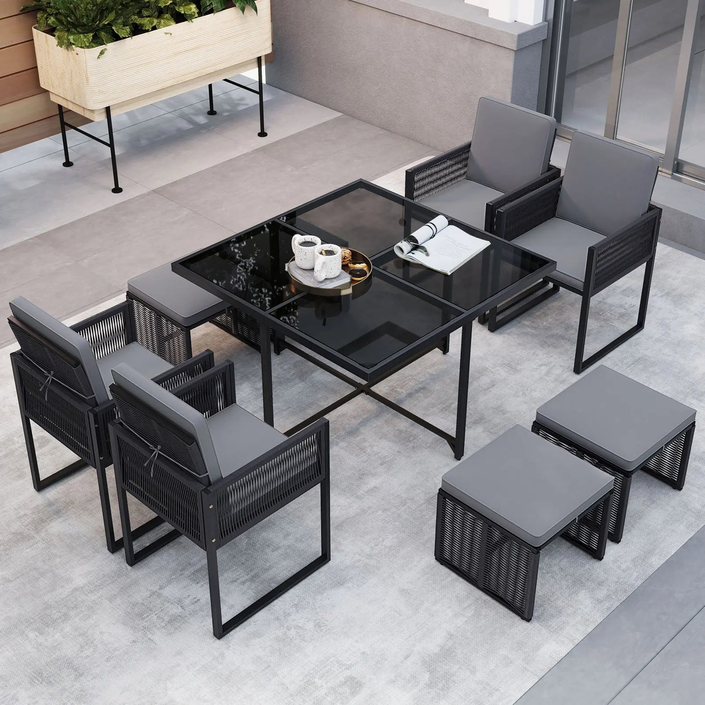 9 PCS Patio Dining Set with PE Rattan Chairs Tempered Glass Table and Ottomans