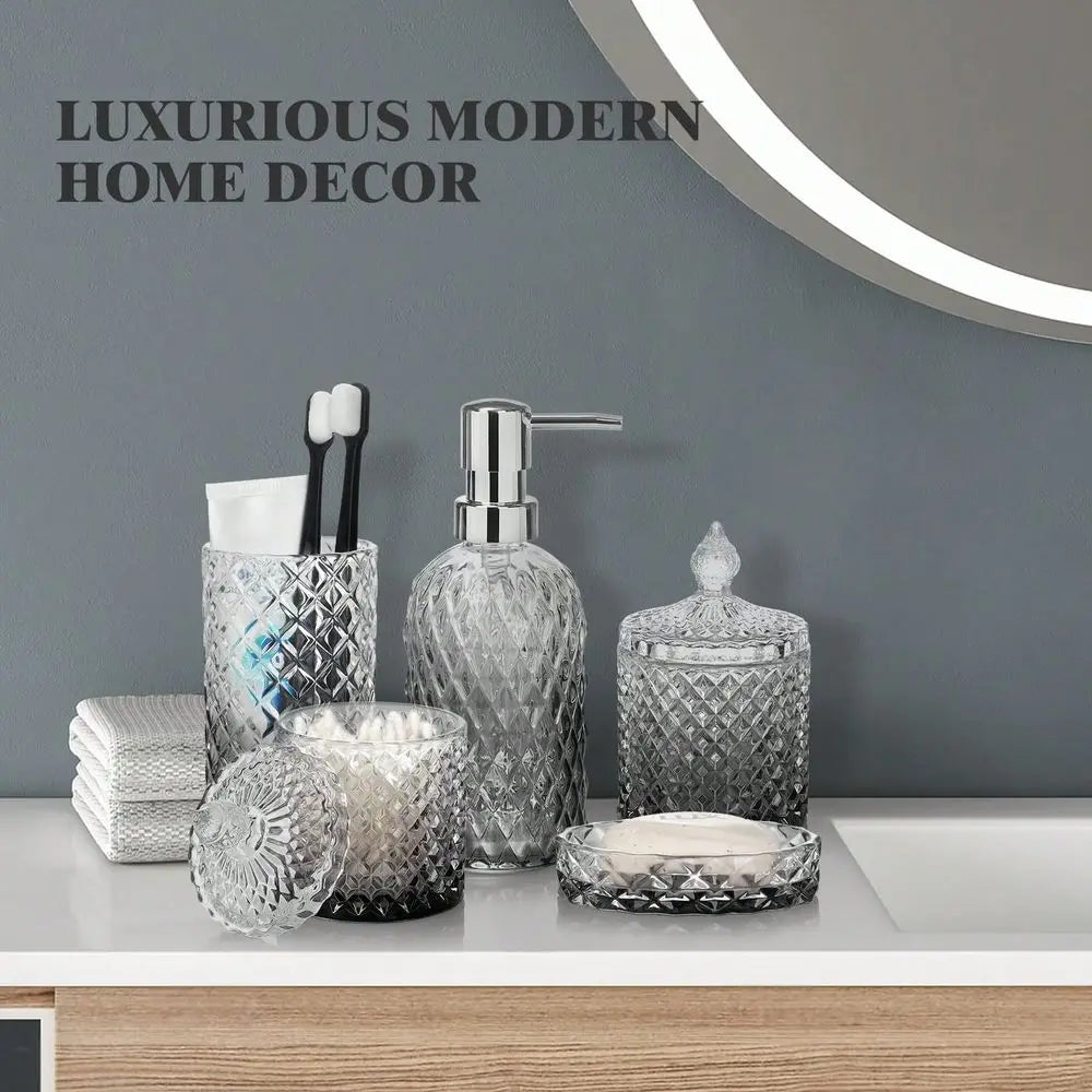 Bathroom Accessory Set 5 Piece Glass Soap Dispenser Dish Toothbrush Holder