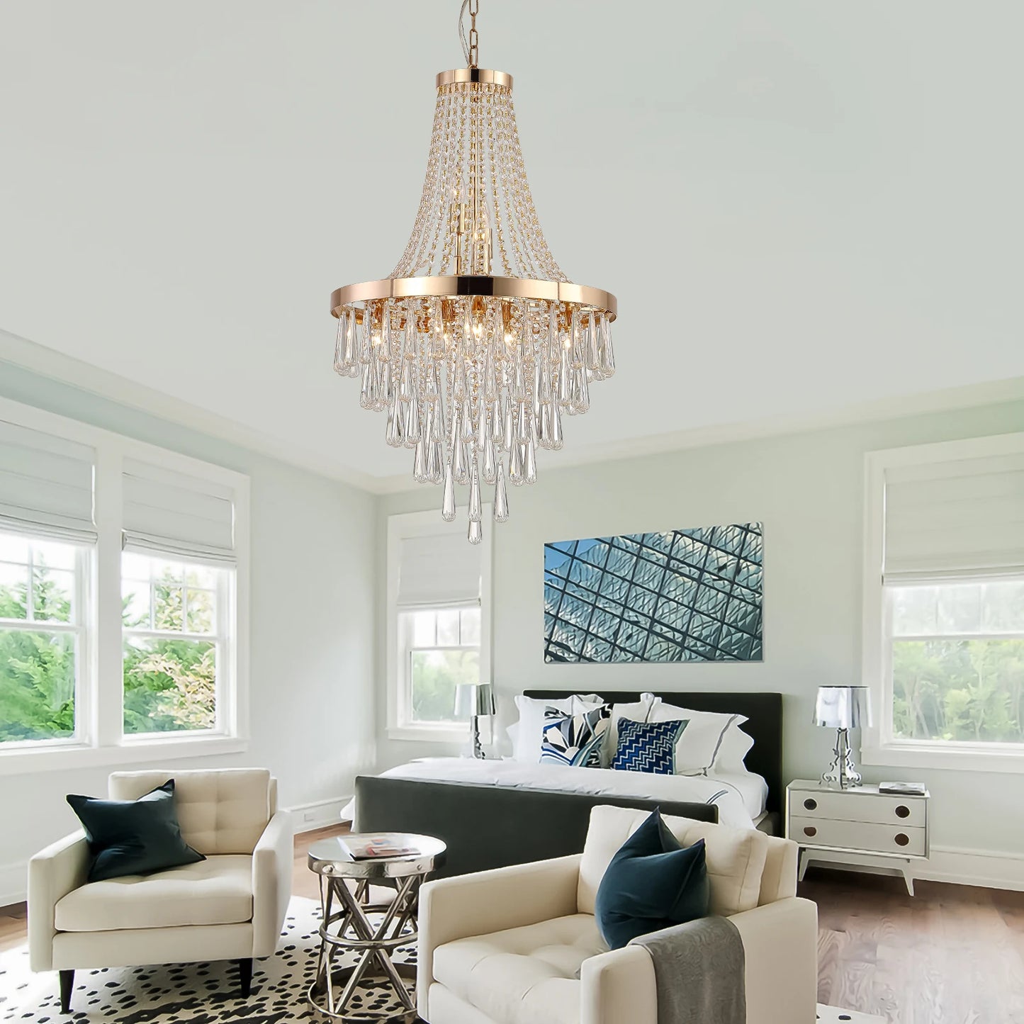 Large Luxury Gold Crystal Chandelier, Dazzling K9 Crystals, Superior Metal Finish, Ideal for Chic Decor