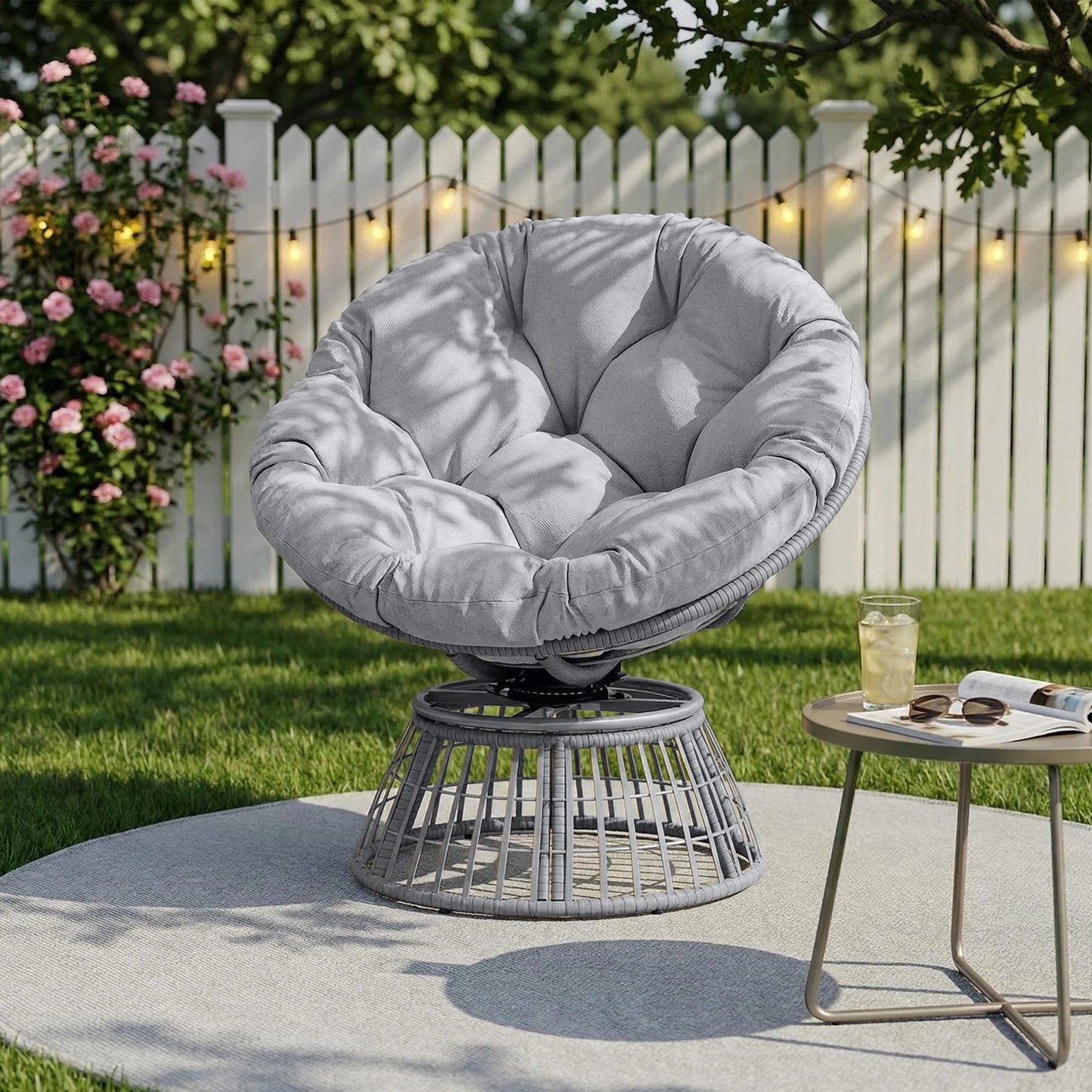 Swivel Papasan Chair, Outdoor Wicker Patio Lounge Chair with Thick Cushion, All-Weather Rattan Accent Chair for Backyard Porch Garden