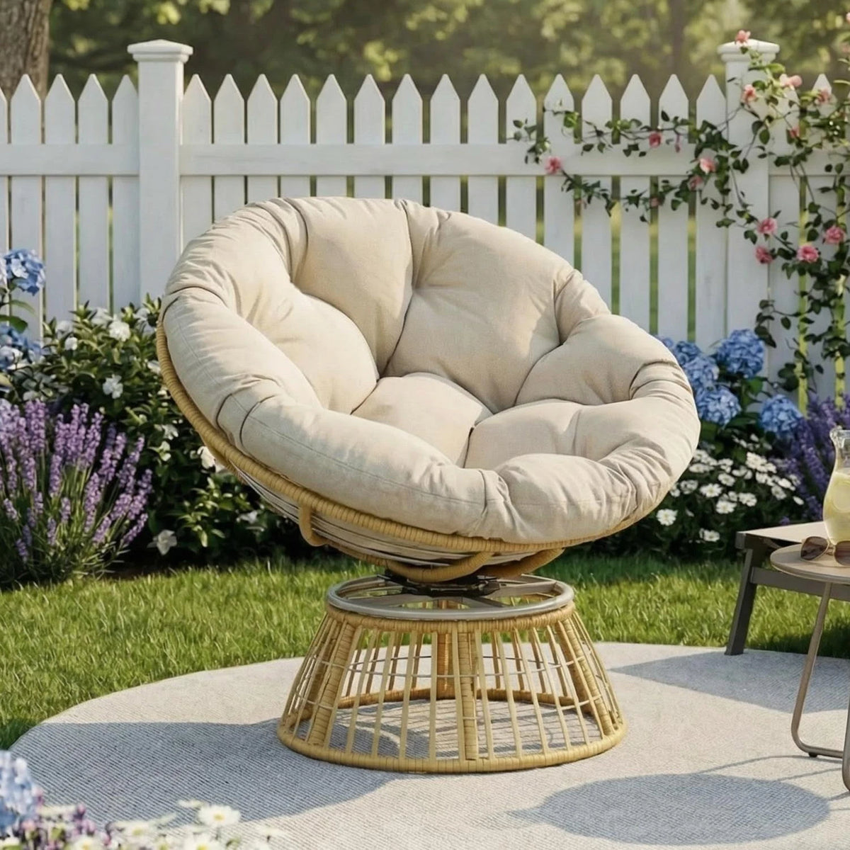 Swivel Papasan Chair, Outdoor Wicker Patio Lounge Chair with Thick Cushion, All-Weather Rattan Accent Chair for Backyard Porch Garden