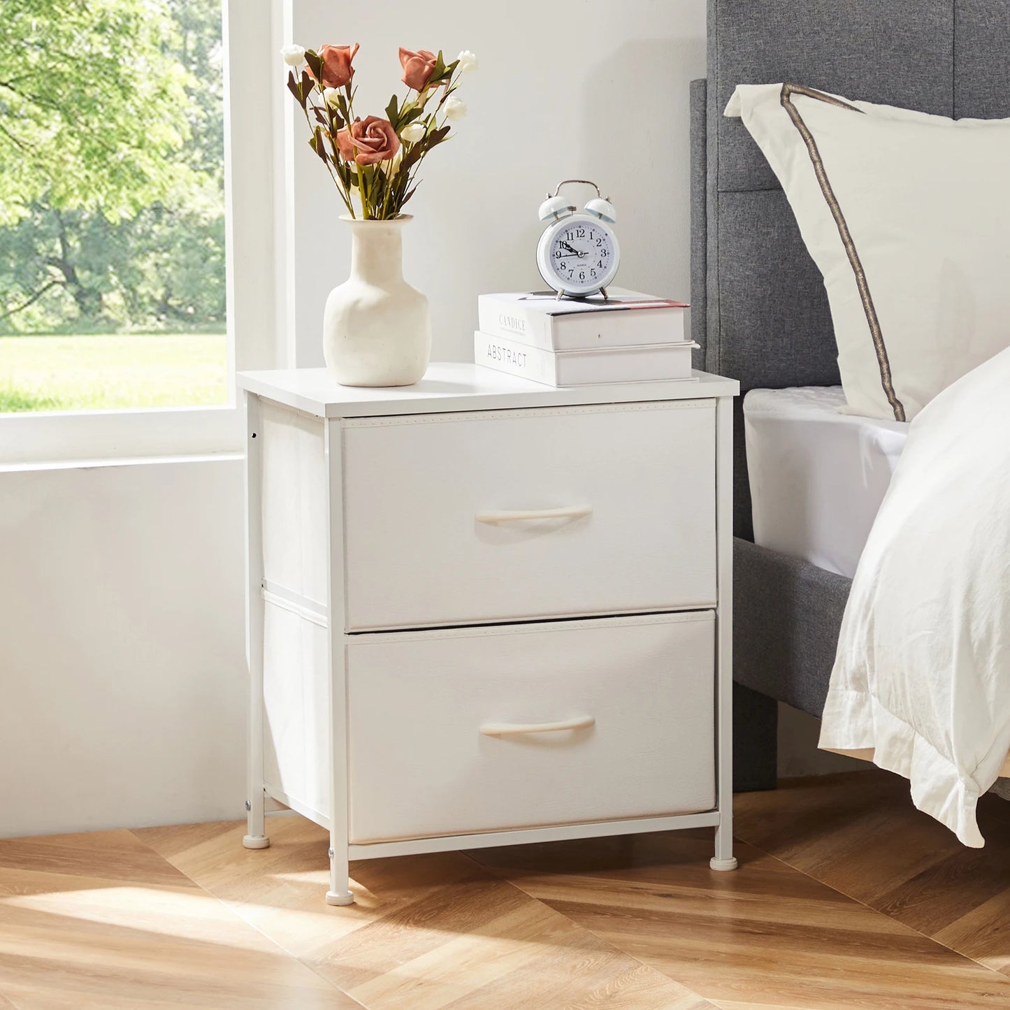 JHK Nightstand Bedside Table With Fabric Drawers And Cabinet