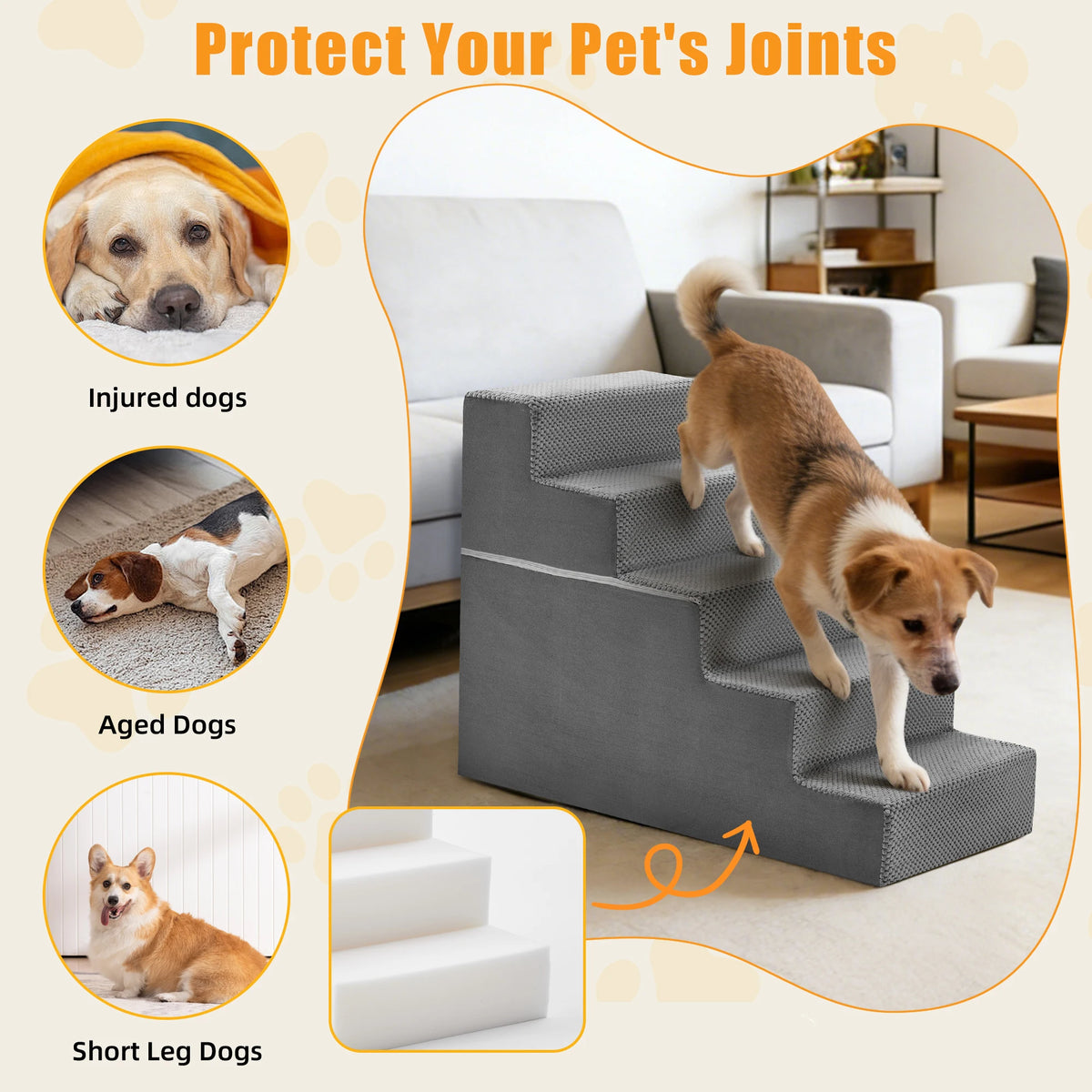 JHK Non Slip Curved Foam Stairs Ramp for Indoor Dogs