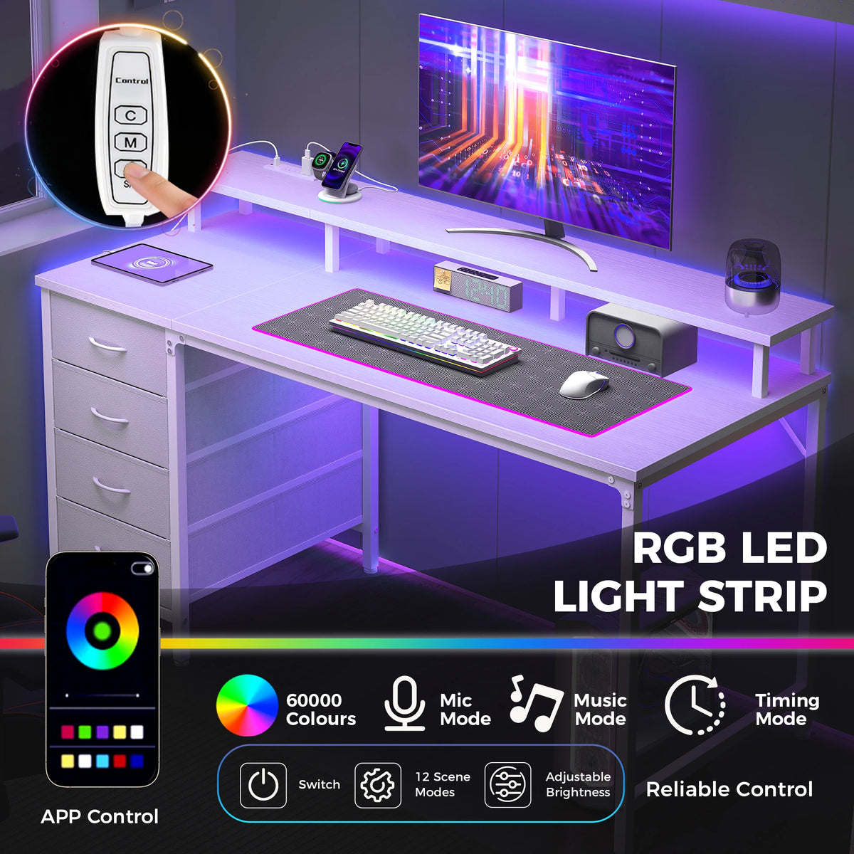 JHK Gaming Desk with Drawers, Power Outlets and LED Lighting