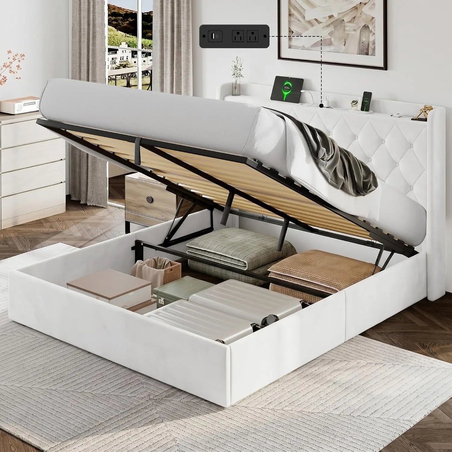 Queen Lift Up Storage Bed Frame with Headboard, Upholstered Bed Frame with Charging Station, No Box Spring Needed,, Custom