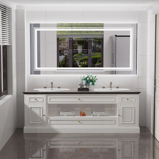 63" x 32" Extra Large LED Light Backlit Bathroom Mirror Dual Lights Makeup Anti-Fog Memory 3 Colors Dimmable With Touch Button