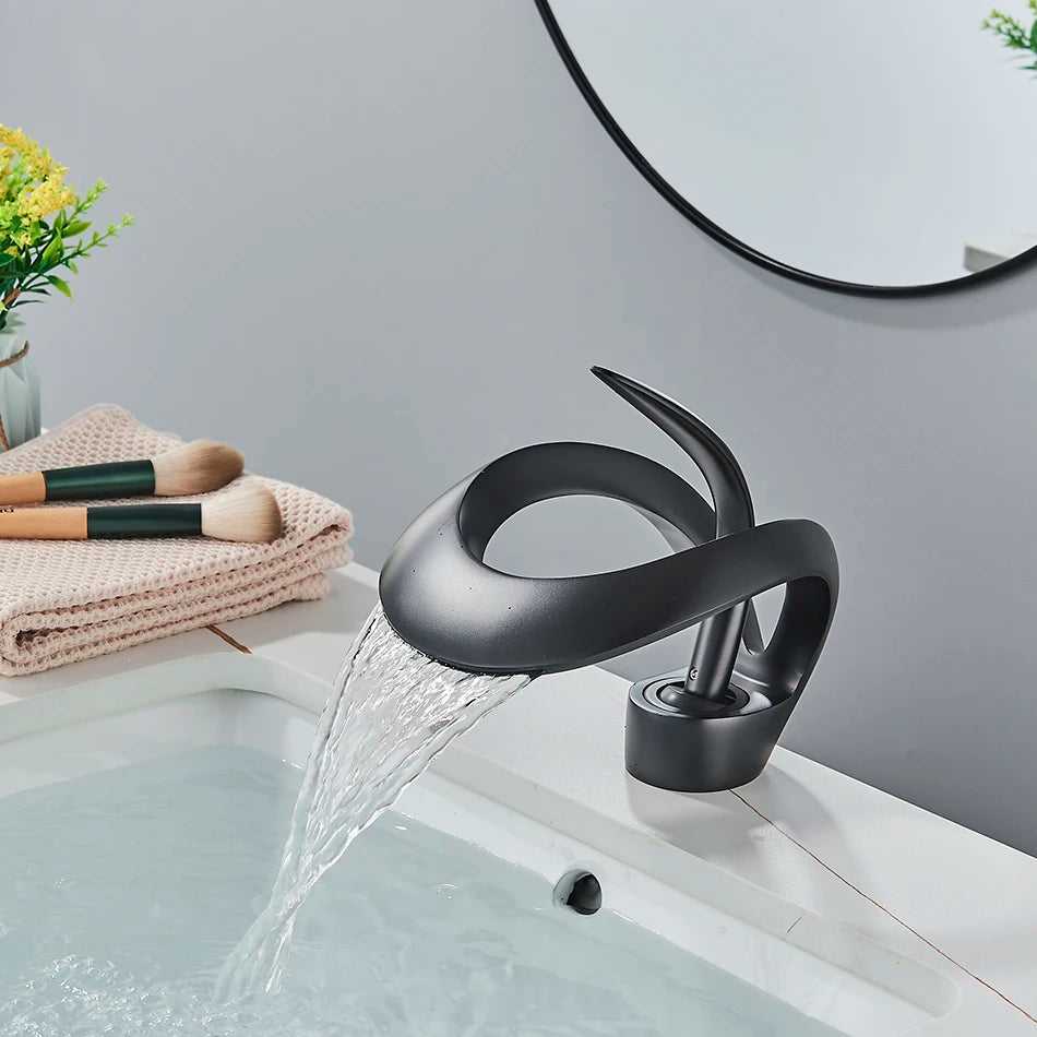 Uythner Luxury Creative Waterfall Basin Faucet Single Handle Deck Mount Basin Tap Black Brass Bath Hot Cold Water Vanity Tap
