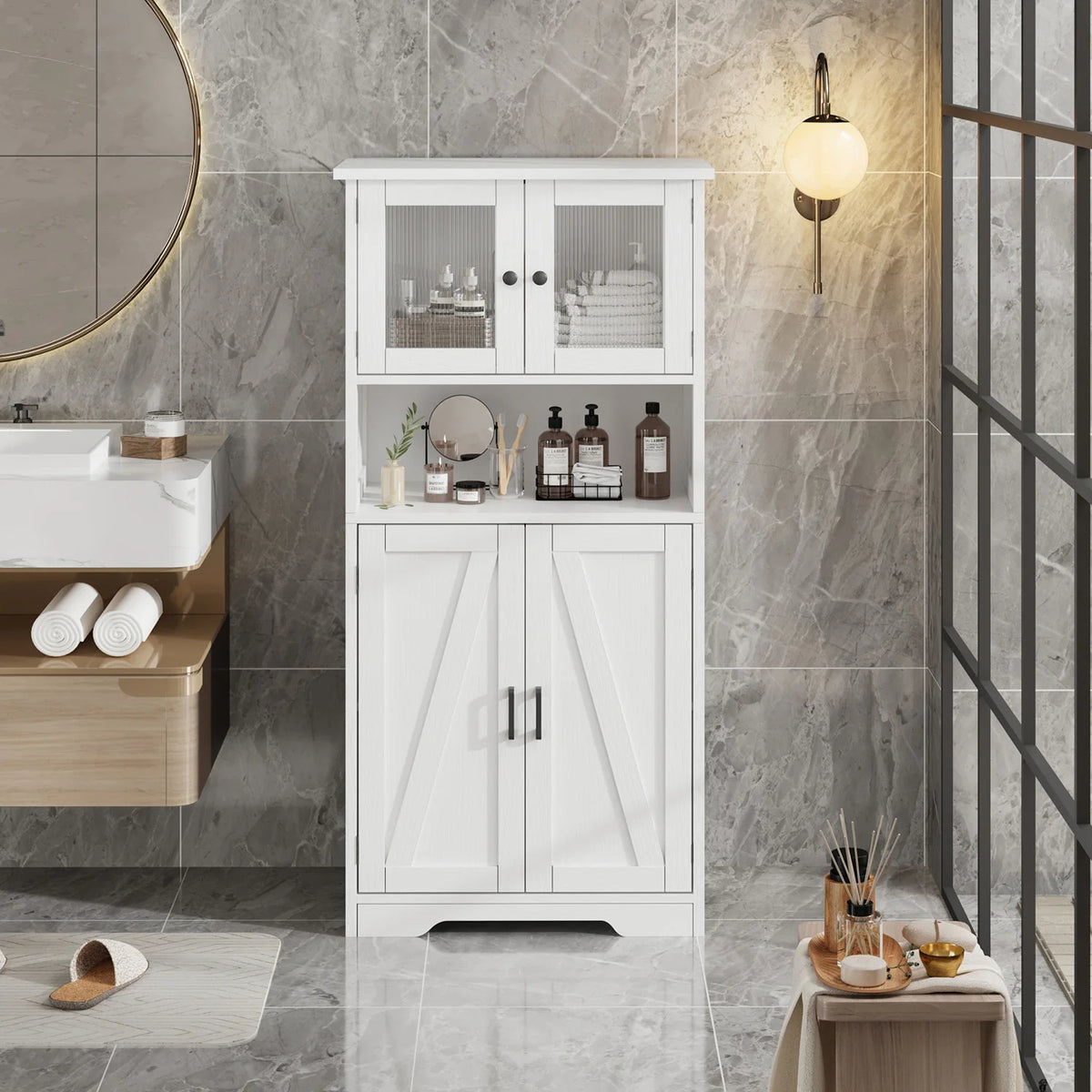 Modern Multipurpose Entryway Storage Cabinet – Freestanding Wooden Pantry with Glass Doors & Adjustable Shelves, Floor Organizer for Hallway, Kitchen, Living Room, Bathroom