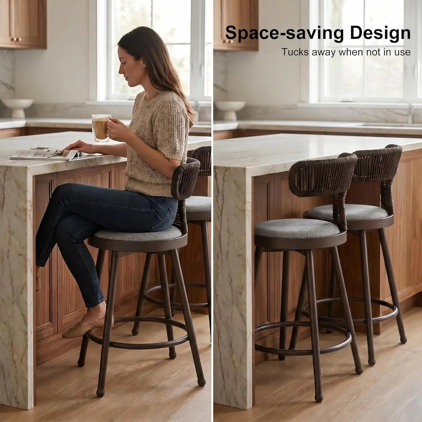 Swivel Bar Height Stools Set of 4 Metal Wicker Bar Chairs with Back Aluminum Cushions Kitchen Balcony Garden Indoor Custom