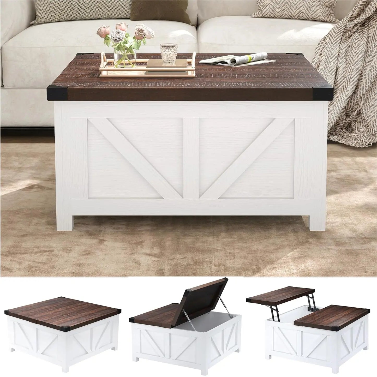 Farmhouse Lift Top Coffee Table with Storage, Wood Square Center Table with Charging Station&USB Port, Living Room, Custom